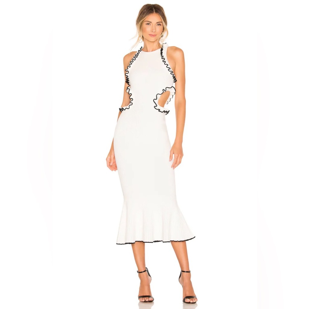 Ronny Kobo Daliah dress, white rib knit w/ black ruffle trim and waist cut-outs.